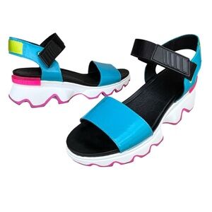 Sorel Blue Green Sandals Neon Patent Leather Womens Kinetic Impact Platforms
